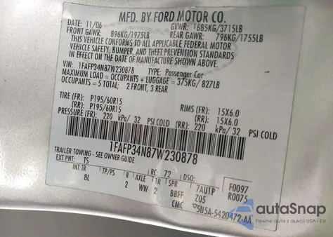 2007 Ford Focus S/Se/Ses from USA, damaged, VIN 1FAFP34N87W230878